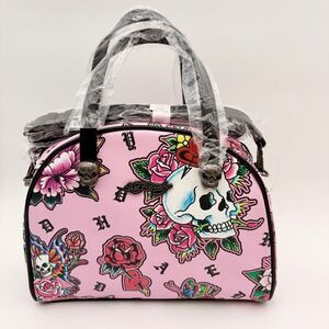 Ed Hardy Pink Skull Roses Butterflies Lunch Tote Insulated Thermal Lining